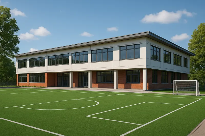 Artist's impression of a double-storey school building beside a green soccer field